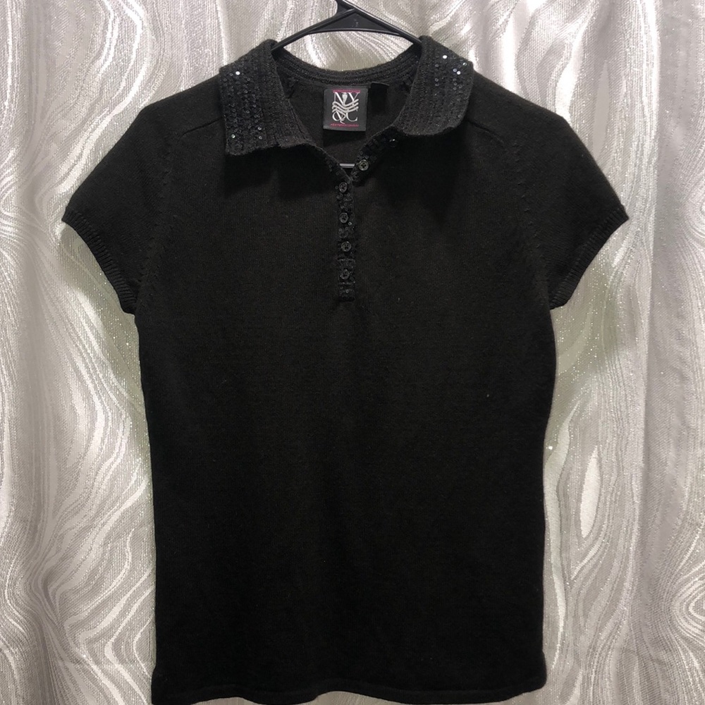 EVA JEANBART-LORENZOTTI NY Knitted Polo Top with Sequin Collar
